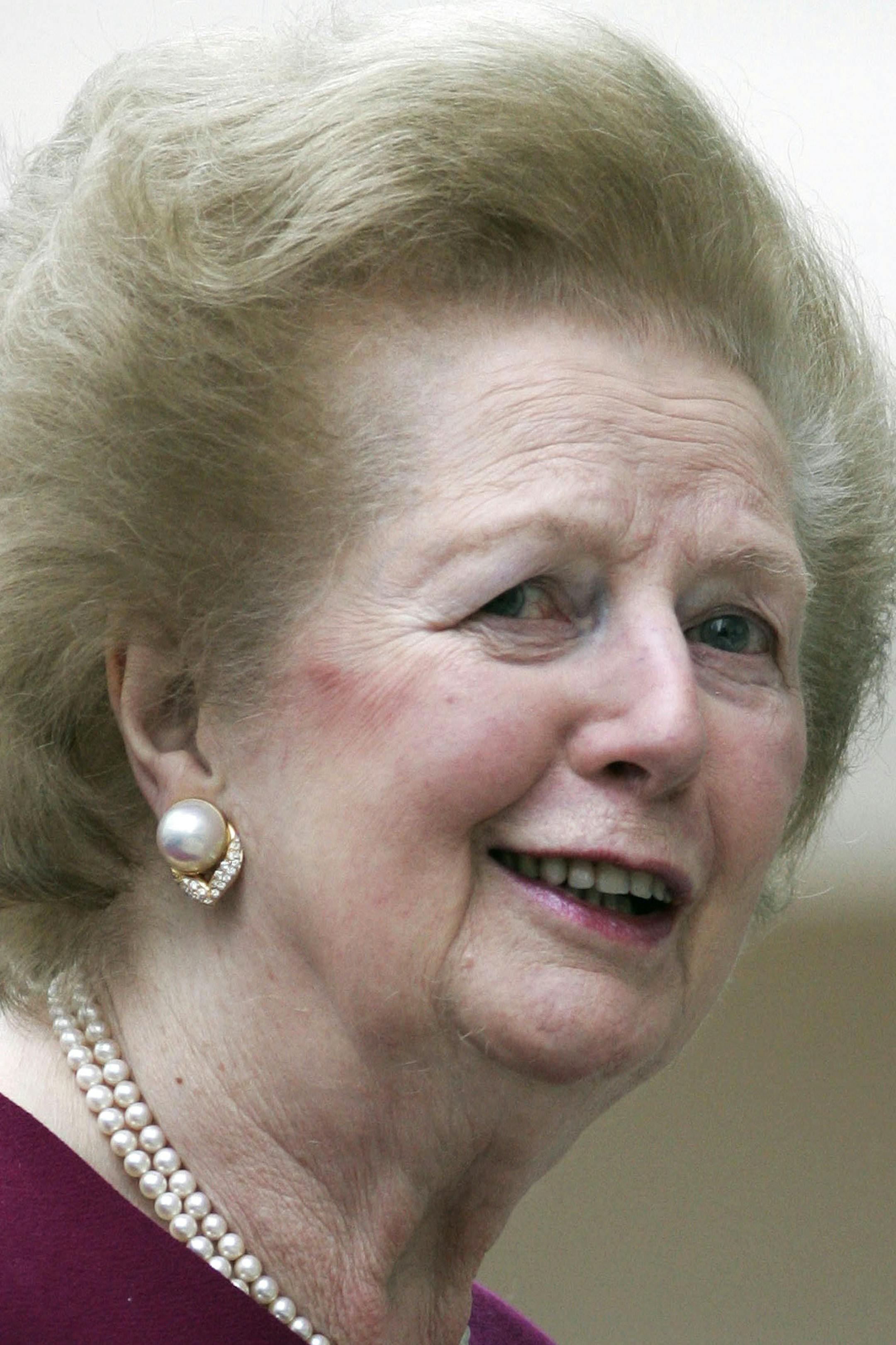 FILE - In this Saturday, March 8, 2008 file photo, former British Prime Minister, Margaret Thatcher, in London. Former Prime Minister Margaret Thatcher is ill with the flu and will skip a reception at Number 10 Downing Street to honor her 85th birthday. Prime Minister David Cameron's office has announced that Thatcher wants the reception to go ahead as planned despite her illness. The reception for former ministers, friends and colleagues will be the evening of Thursday, Oct. 14, 2010. (AP Photo