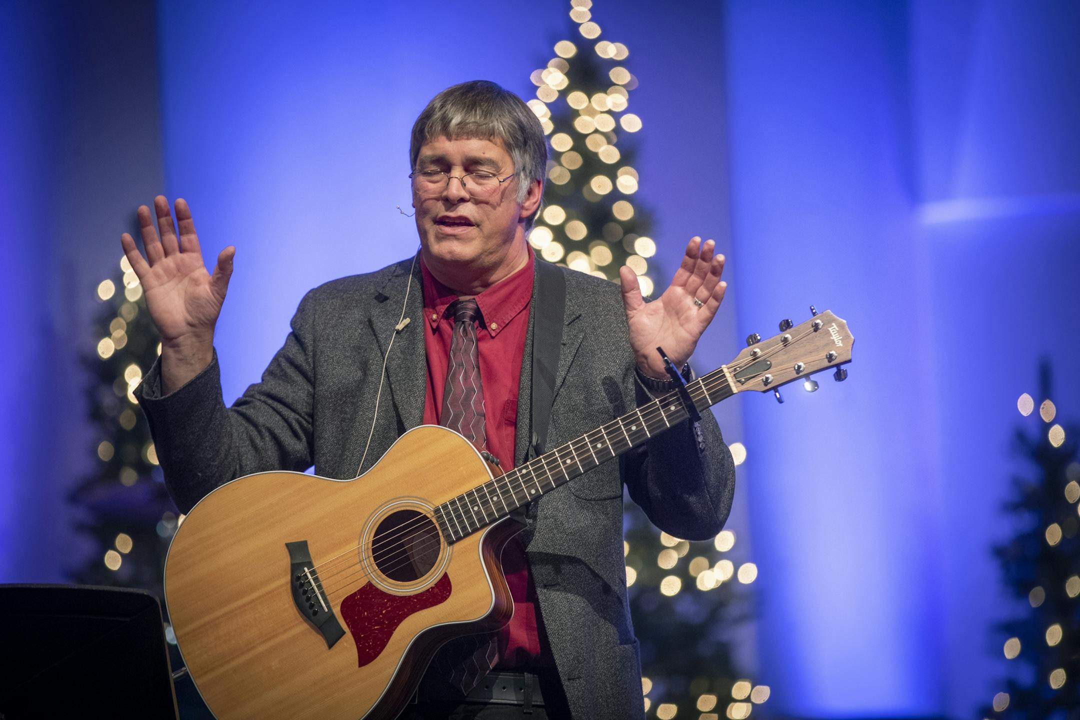 Pastor Don Anderson prayed over everyone during the nativity pageant at Meadow Creek Church, Thursday, November 29, 2018 in Andover, MN. Over the past 25 years, the annual pageant has grown from a handful of participants in bathrobe outfits to an affair so big that Don and his wife Mary Anderson have to rent out a storage locker for all the costumes.