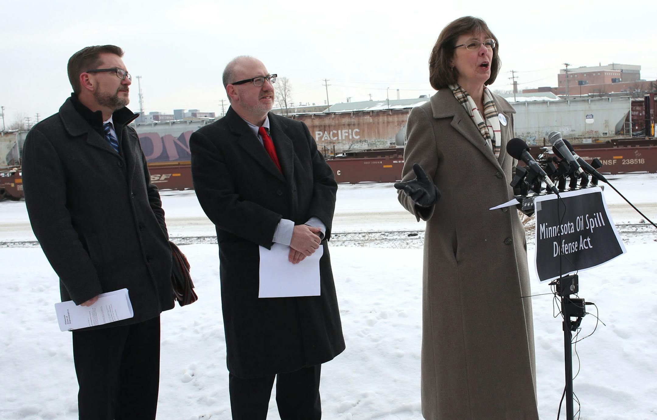 Kathy Hollander talked to the media about her concerns about the state's ability to react to and oil spill or explosion during a press conference near a railway in St. Paul, Wednesday, February 12, 2014.