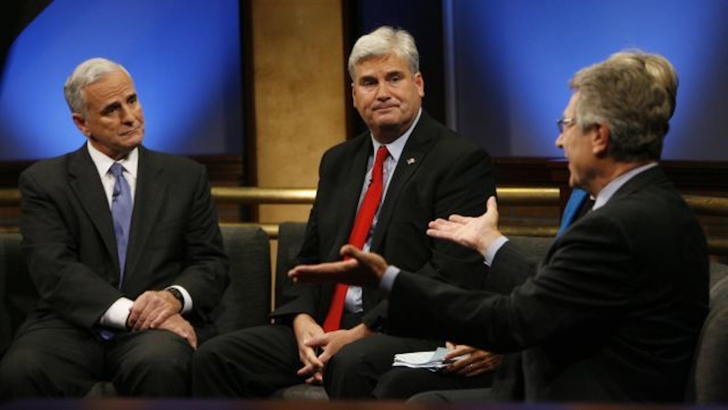 Gubernatorial candidates (l to r) Mark Dayton (DFL), Tom Emmer (R) and Tom Horner (I), appeared on the Twin Cities Public Television public affairs program Almanac. Co-host Cathy Wurzer is seated between Emmer and Horner.