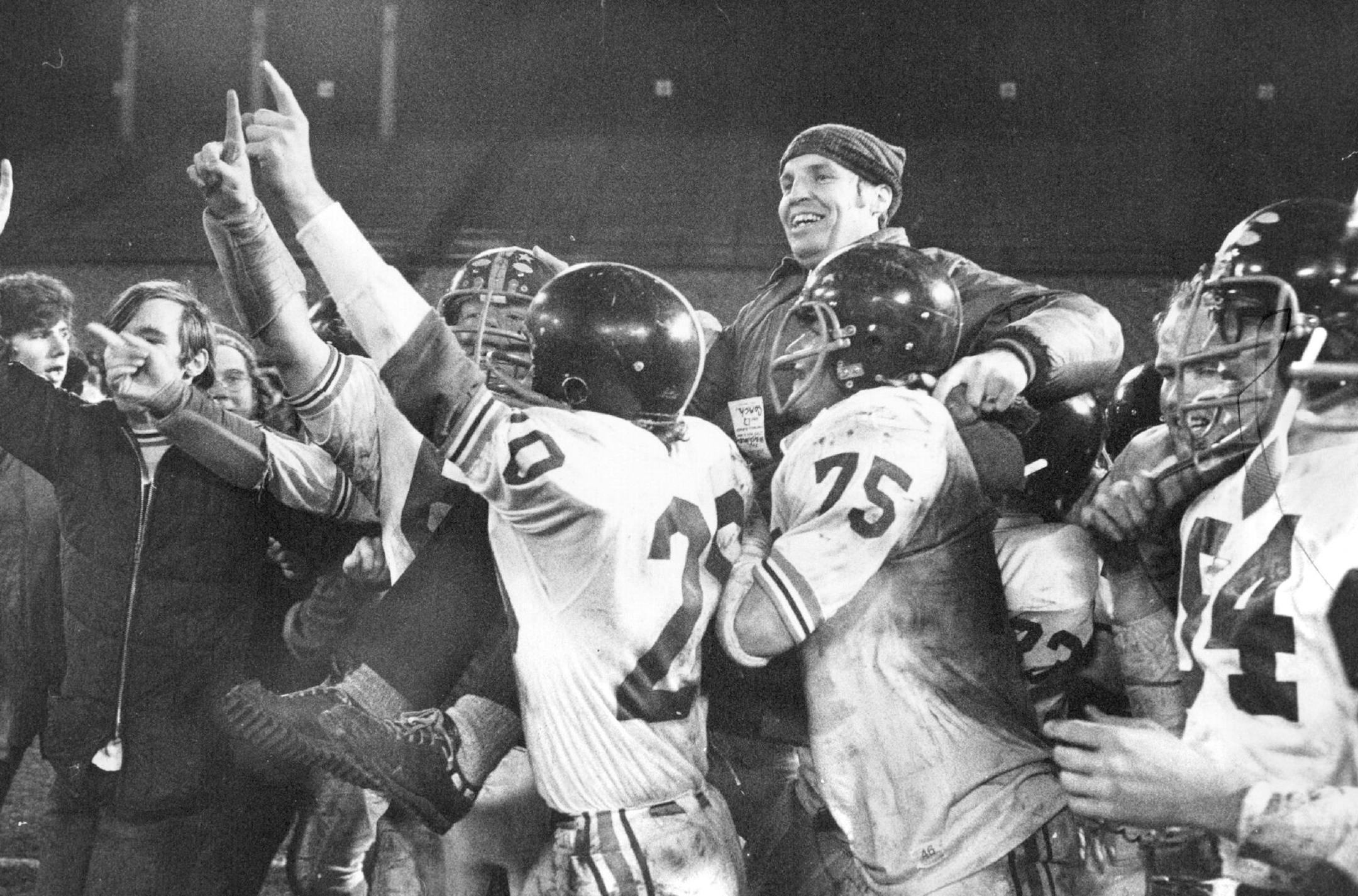 Minneapolis Washburn players carried coach George Wemeier on the field at Met Stadium after winning the first high school football state championship on Nov. 17, 1972.