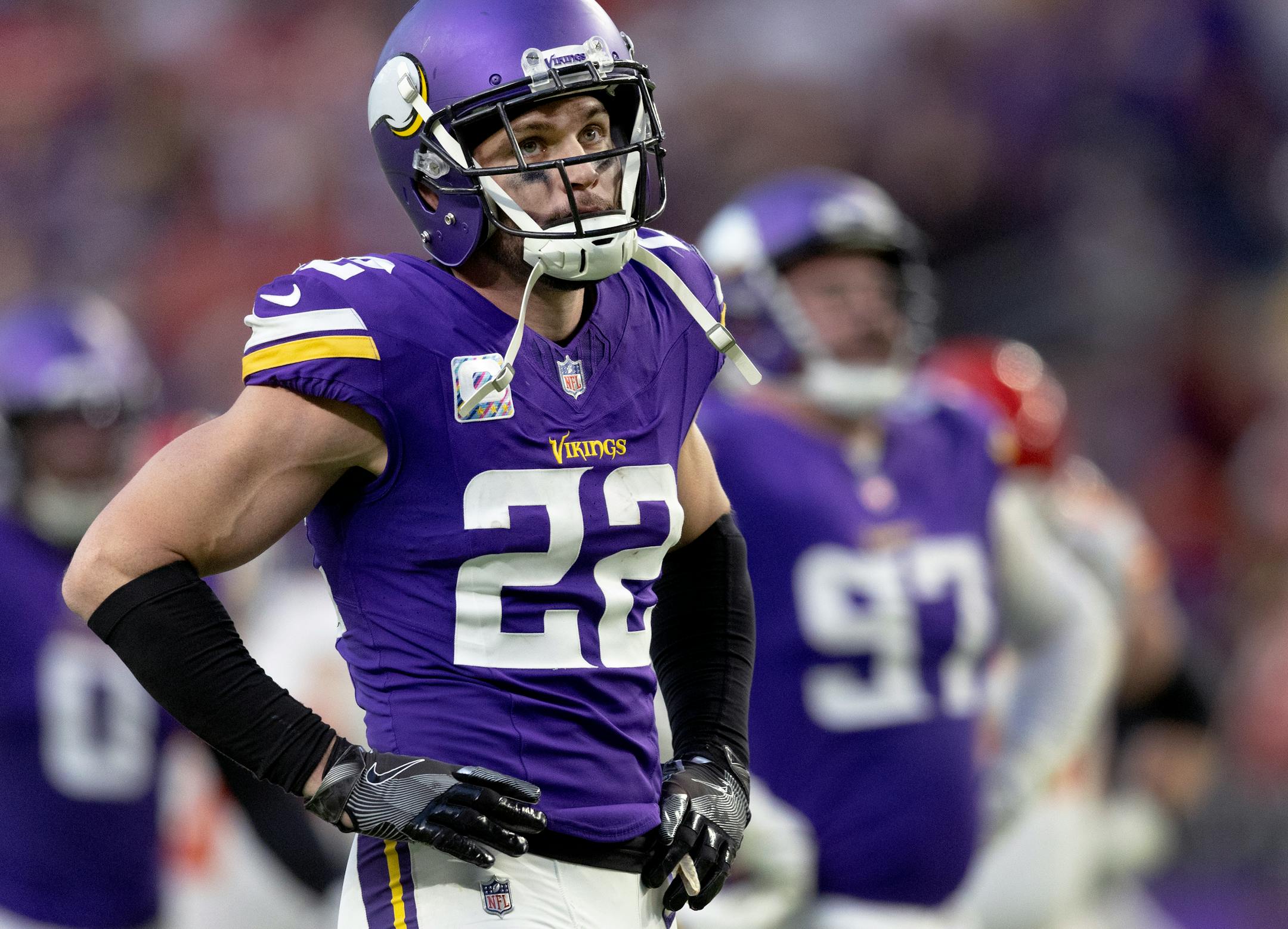 Minnesota Vikings safety Harrison Smith (22) reacts after being called for pass interference in the third quarter.