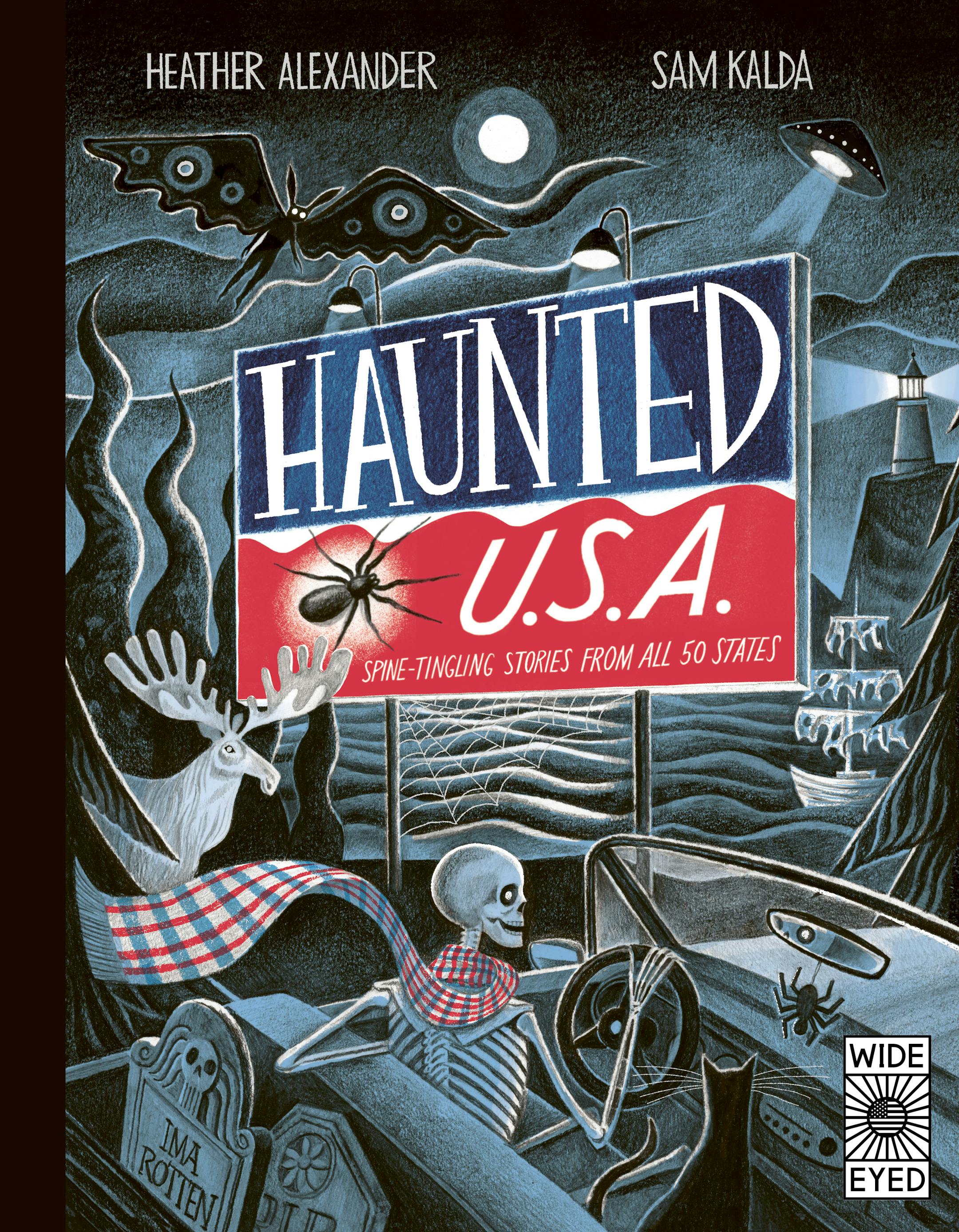 cover of Haunted U.S.A. features an airbrushed illustration of spooky things, including a skeleton, bat, lighthouse and spiders