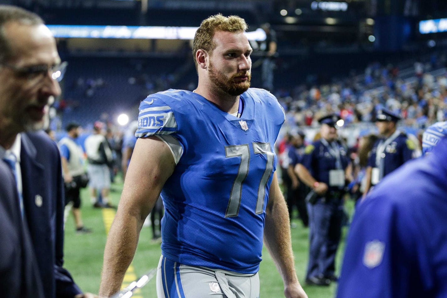 Detroit Lions guard Frank Ragnow walks off the field after the preseason game against New York Giants at Ford Field in Detroit, Aug. 17, 2018. ORG XMIT: 3491920W