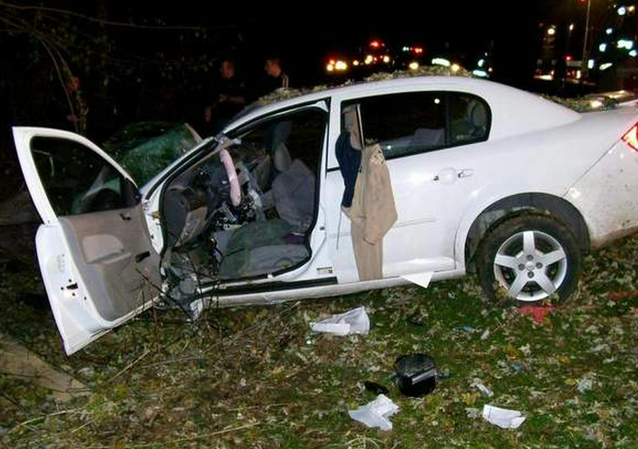 The photo shows the wreckage of the 2005 Chevrolet Cobalt driven by Megan Phillips on Oct. 24, 2006 after a crash in St. Croix County, Wis. She was seriously injured and her two passengers, Natasha Weigel, 18, and Amy Rademaker, 15, were killed.