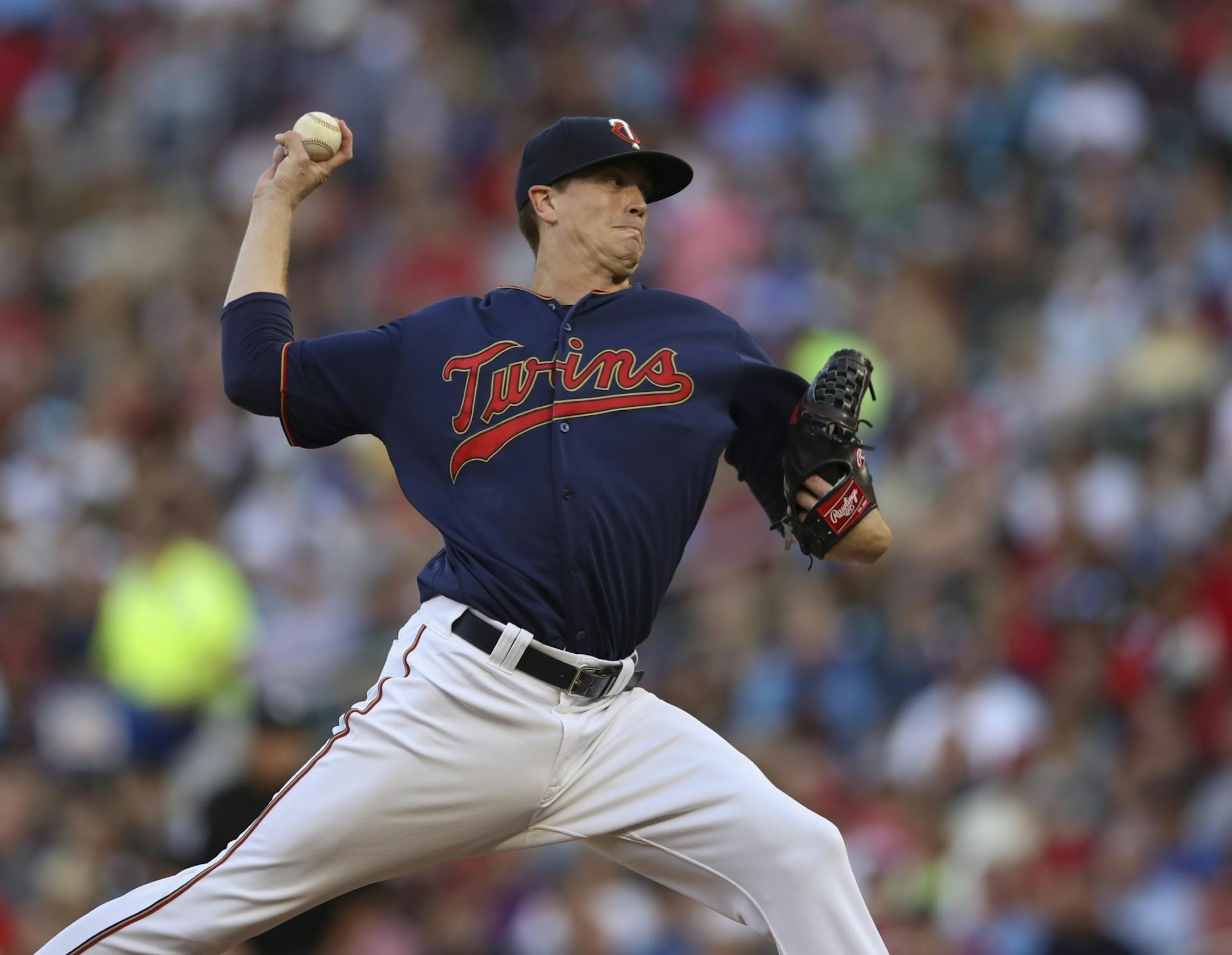 Minnesota Twins starting pitcher Kyle Gibson threw against Cleveland in the first inning.