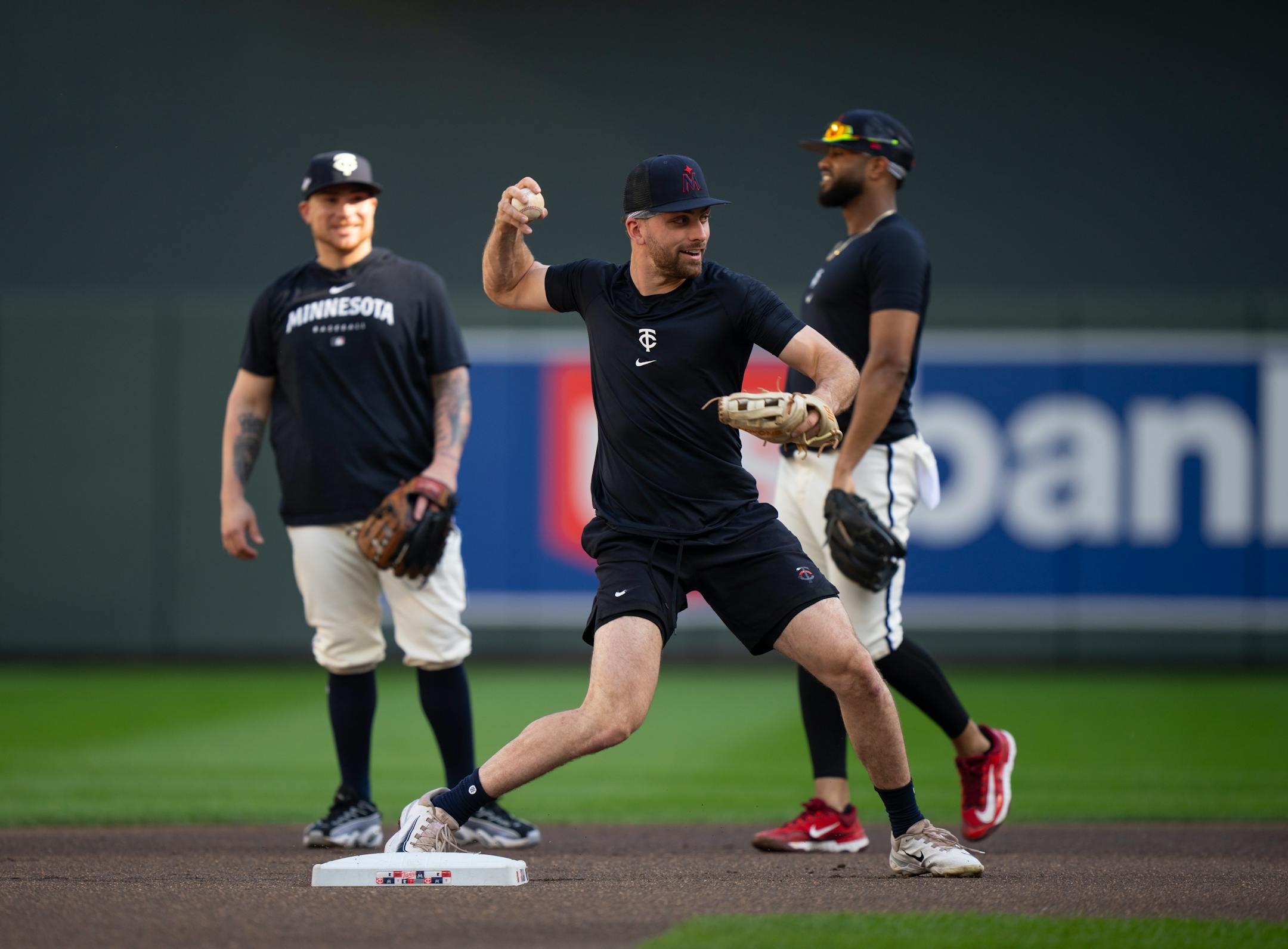 Minnesota Twins second baseman Edouard Julien threw to first during a double play drill Monday afternoon. The Minnesota Twins worked out at Target Field in Minneapolis Monday, October 2, 2023, the day before they face the Toronto Blue Jays in an American League Wild Card Playoff Series.