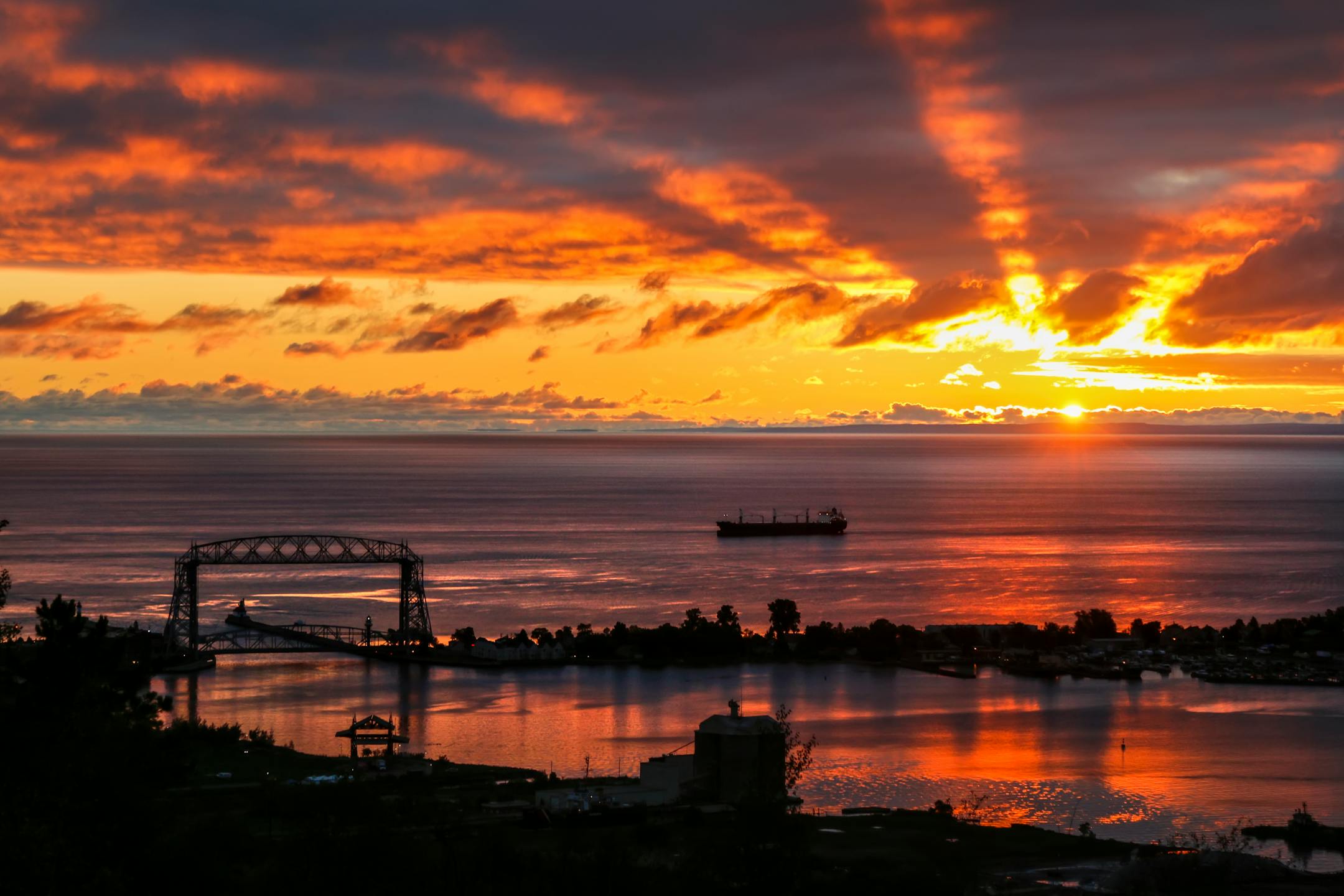 Sunrise over the Duluth harbor as seen from Skyline Parkway