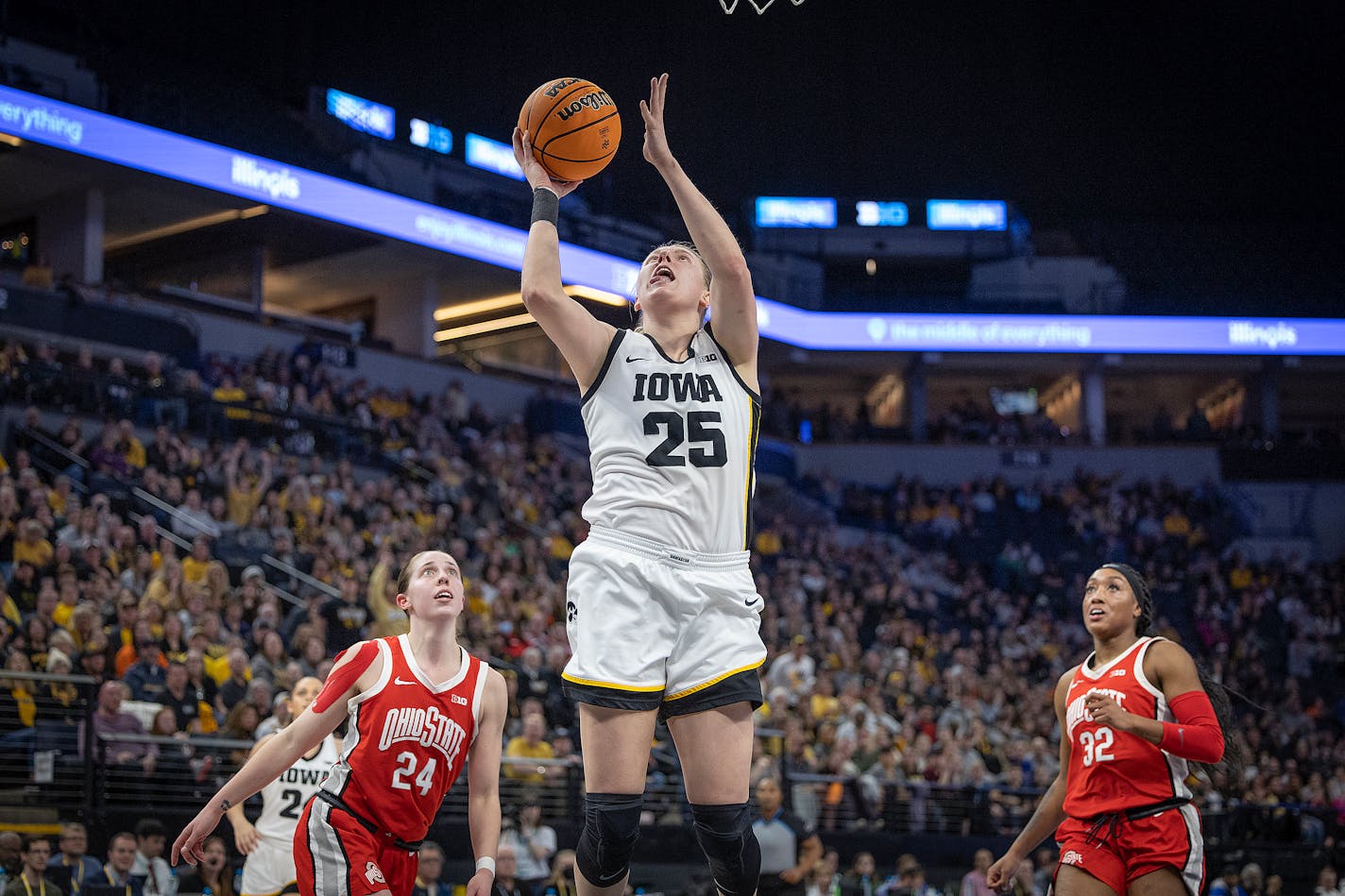 Iowa Hawkeyes' forward Monika Czinano (25) goes up for two during the second half of the Big Ten women's Championship basketball game on Sunday, March 5, 2023 at Target Center in Minneapolis, MN. ] Elizabeth Flores • liz.flores@startribune.com