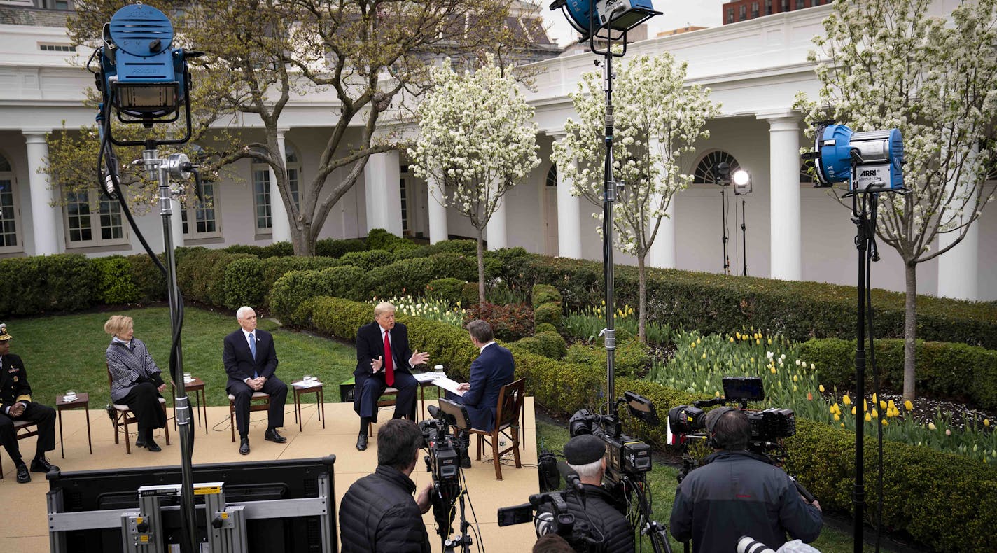 President Donald Trump participates in a Fox News Virtual Town Hall, in the Rose Garden of the White House in Washington, Tuesday, March, 24, 2020. Trump said on Tuesday that he wanted to reopen the country for business by Easter, on April 12, despite widespread warnings from public health experts that the worst effects of the coronavirus were still weeks away and that lifting the restrictions now in place would result in unnecessary deaths. (Doug Mills/The New York Times)