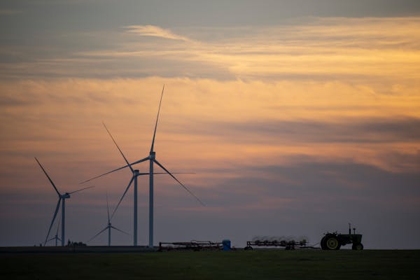 Assembled wind turbines that make up Xcel Energy’s Dakota Range wind farm outside Marvin, S.D.