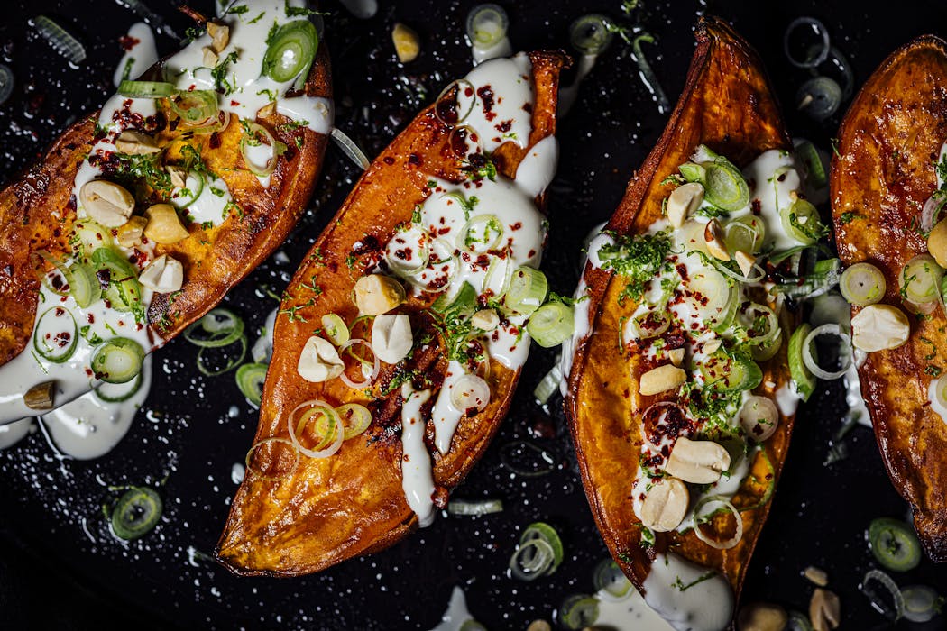 Baked Sweet Potatoes with Maple Crème Fraîche from Nik Sharma's “The Flavor Equation” (Chronicle Books, 2020).