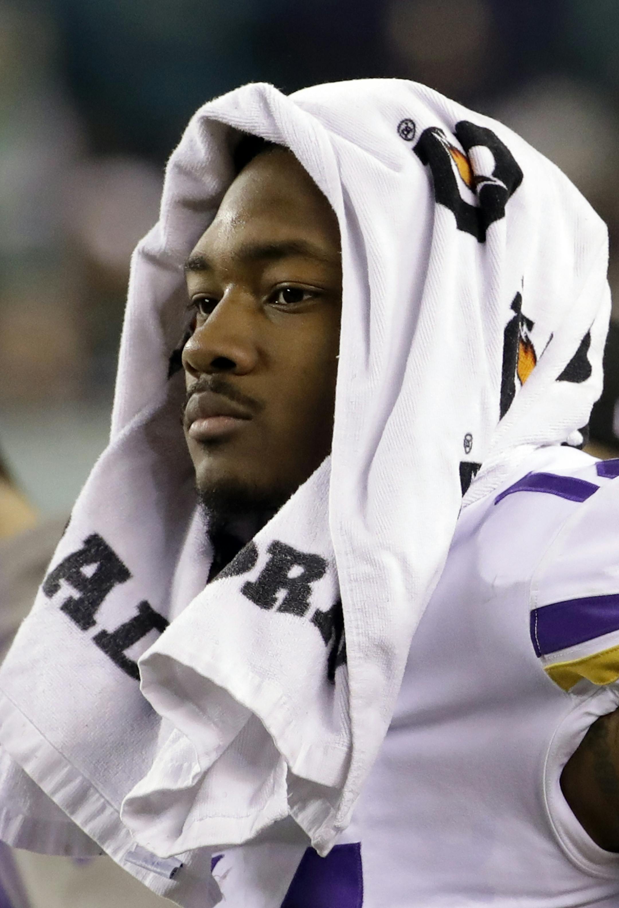 Minnesota Vikings' Stefon Diggs watches from the bench during the second half of the NFL football NFC championship game against the Philadelphia Eagles Sunday, Jan. 21, 2018, in Philadelphia. (AP Photo/Matt Rourke) ORG XMIT: MIN2018012420050761