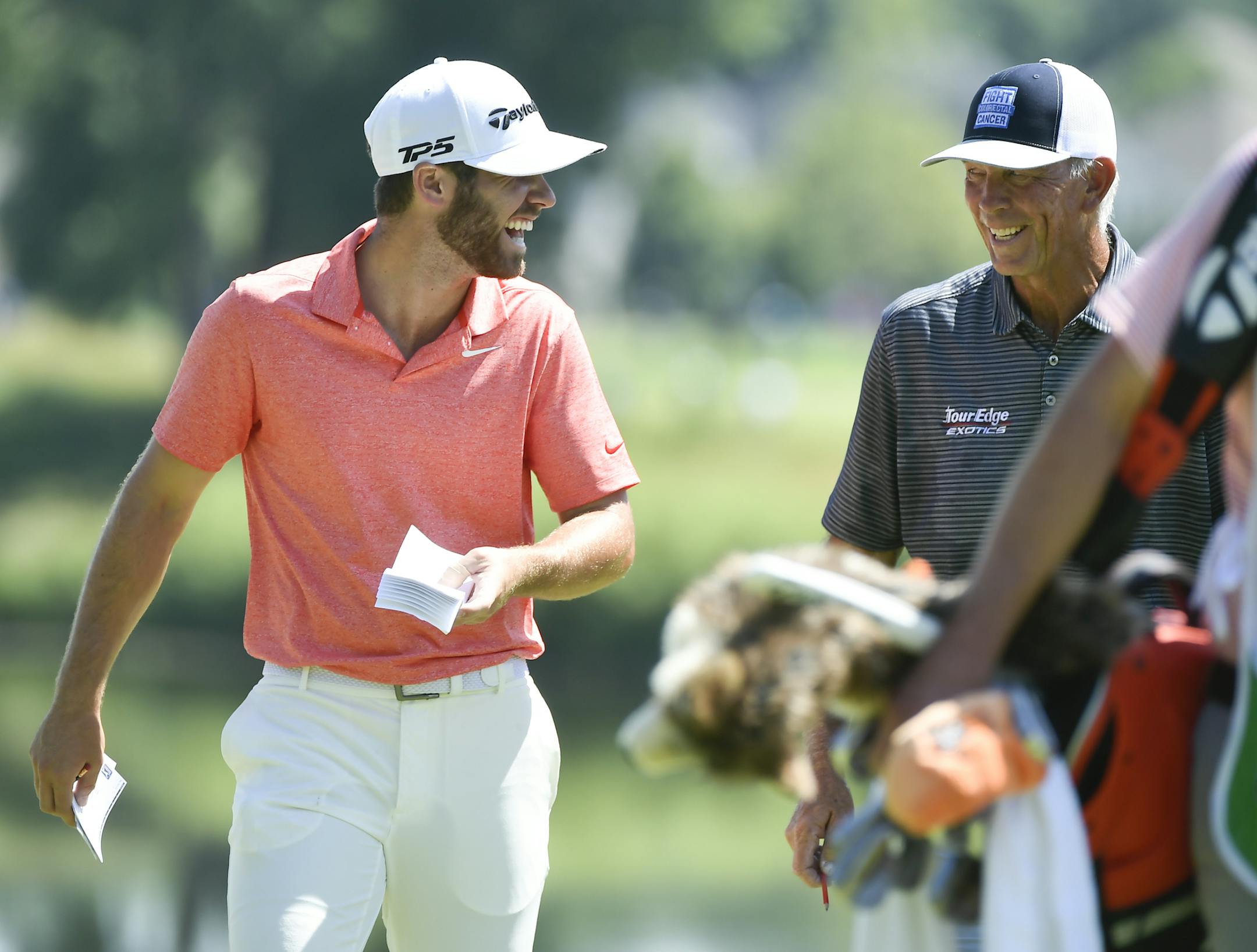 Matthew Wolff, left, joked with Tom Lehman as they walked to the 8th hole tee box following a birdie by Wolff and an eagle by Lehman on the 7th hole. ] Aaron Lavinsky &#xa5; aaron.lavinsky@startribune.com The third round of the 3M Open was held Saturday, July 6, 2019 at TPC Twin Cities in Blaine, Minn.