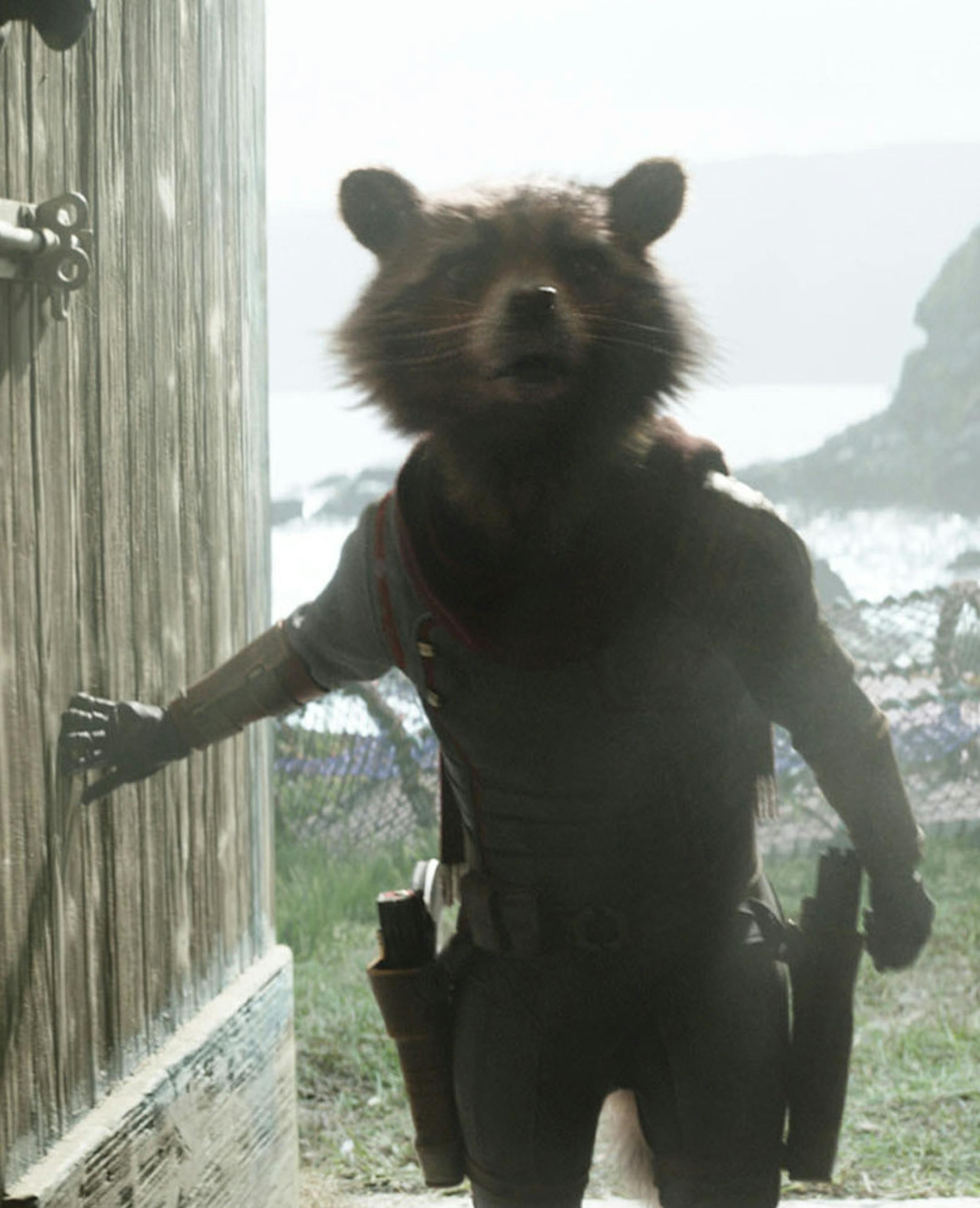 This image released by Disney shows the character Rocket, voiced by Bradley Coope,r in a scene from “Avengers: Endgame.” (Disney/Marvel Studios via AP)
