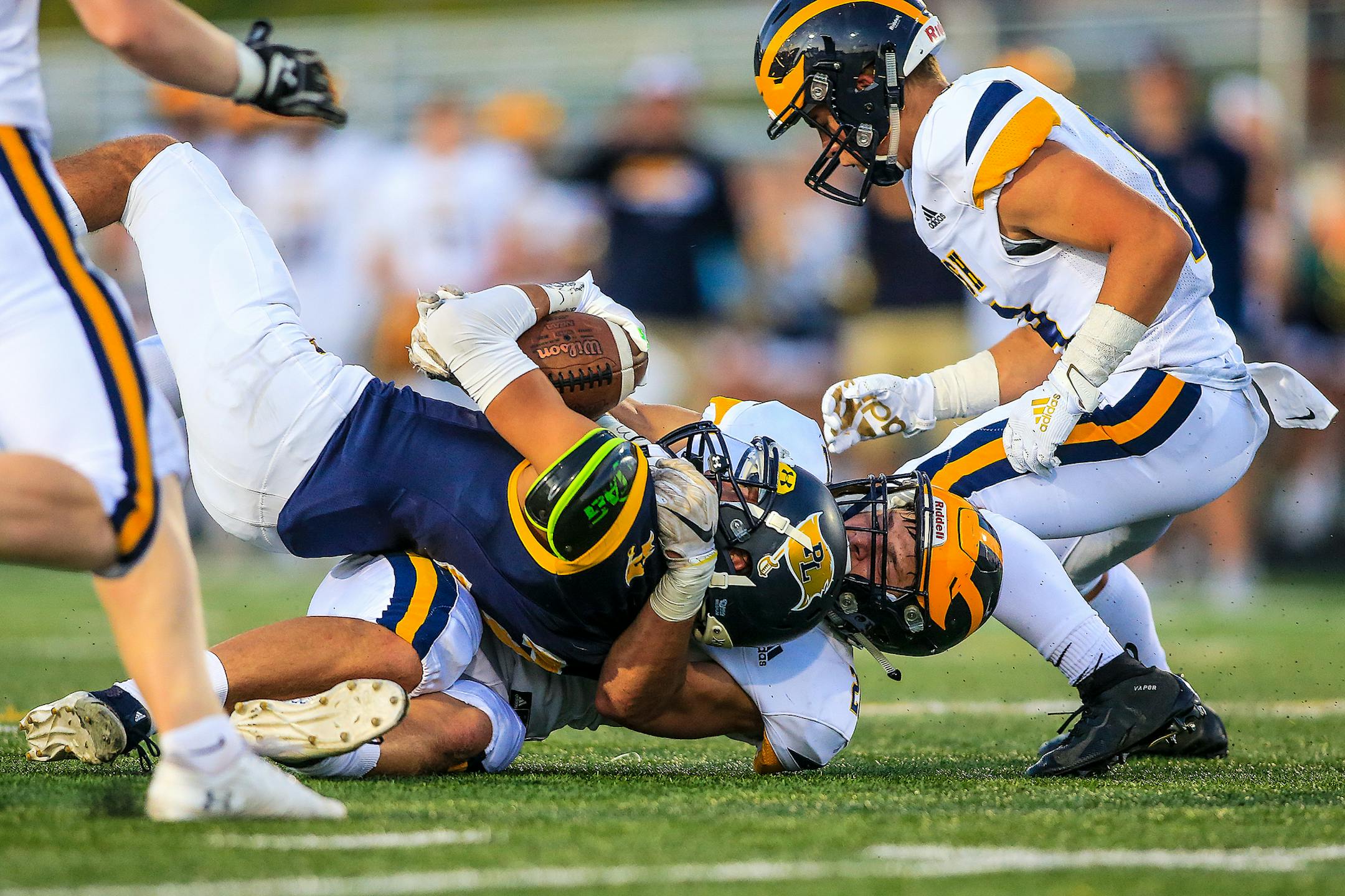 Rosemount defensive back Jake Ratzlaff tackled Prior Lake quarterback Nate Raddatz after a short gain in the second quarter. Rosemount at Prior Lake football, 8-29-19. Photo by Mark Hvidsten, SportsEngine