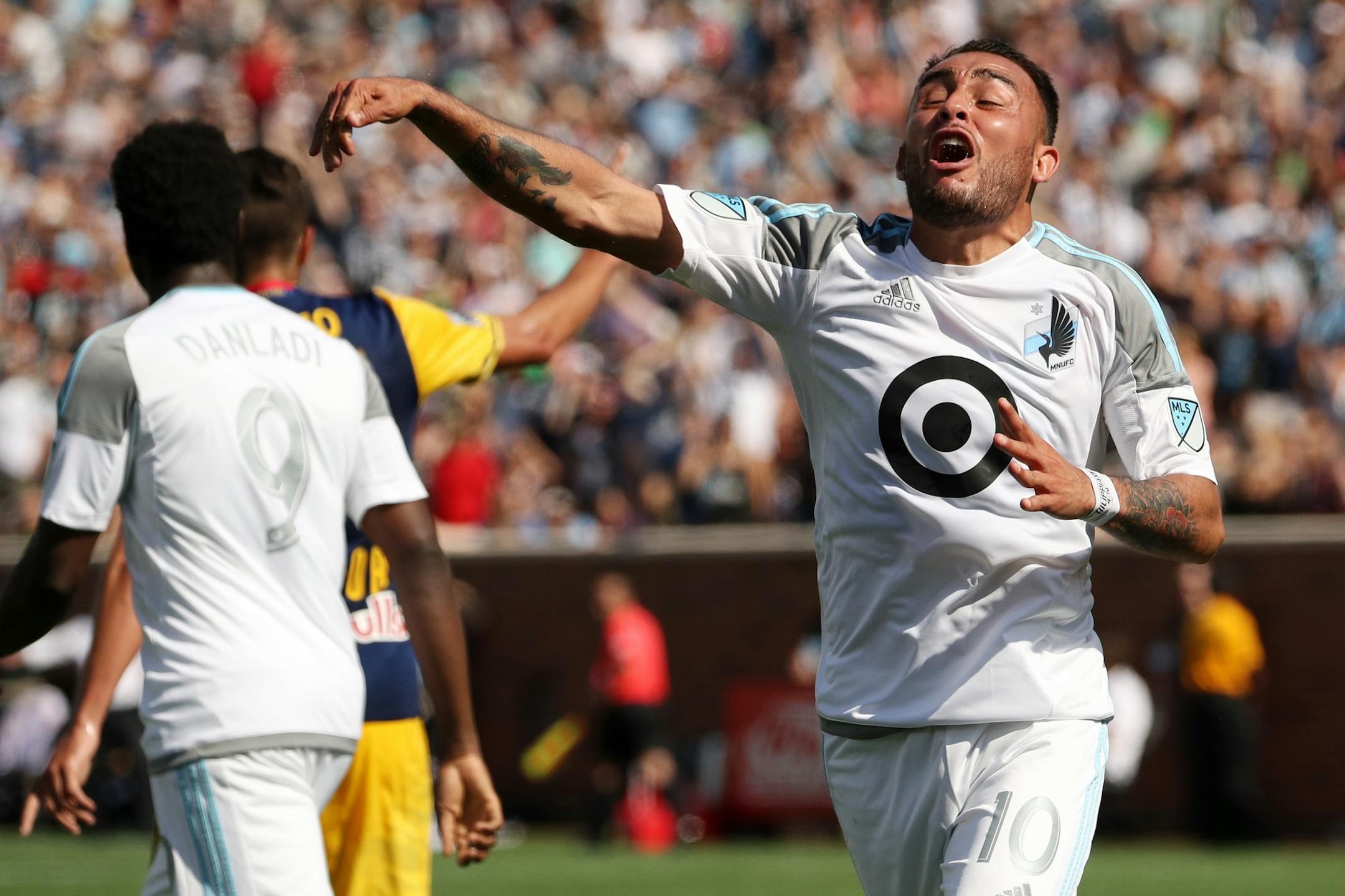 Minnesota United midfielder Miguel Ibarra (10) yelled at an official after he was taken down by New York Red Bulls defender Michael Murillo (62) while dribbling the ball to the goal in the second half.