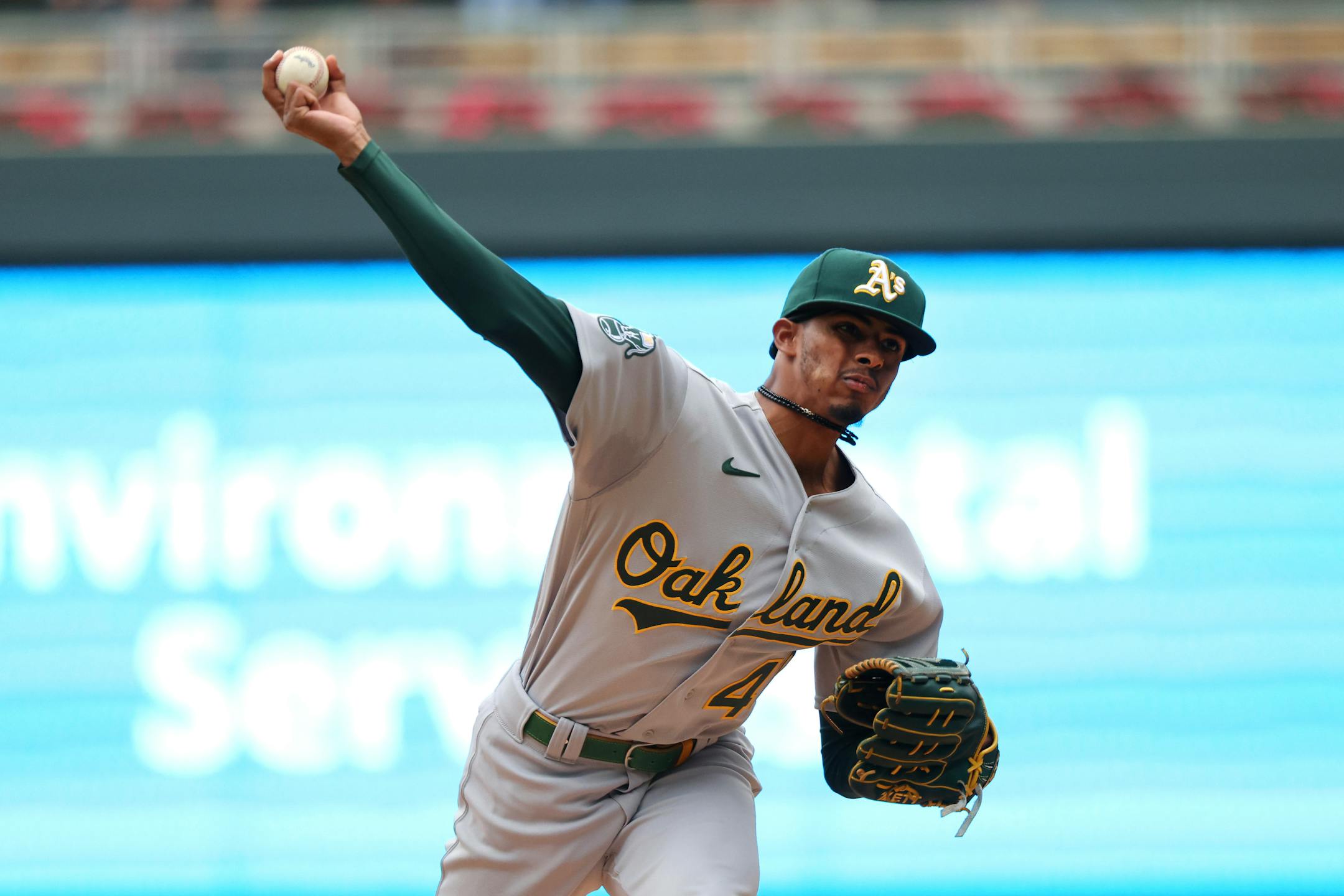 Oakland Athletics starting pitcher Luis Medina delivers during the first inning of the team's baseball game against the Minnesota Twins Thursday, Sept. 28, 2023, in Minneapolis. (AP Photo/Andy Clayton-King)