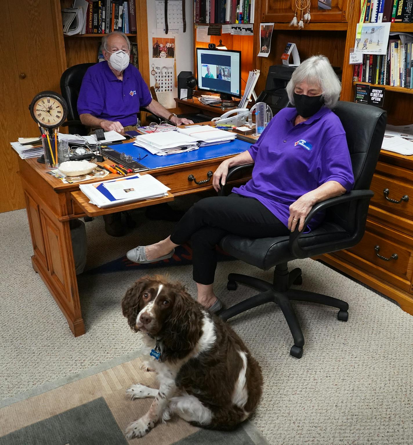 With the help of his wife Sharon and 9-year-old Katie the English Springer Spaniel, Alan Miller prepared to host an episode of 'Access to Democracy.' The interview series which was recorded in the studio at Thompson Reuters, is now produced via video interviews from the basement of the Millers' home. ] Shari L. Gross • shari.gross@startribune.com Alan Miller has hosted the Eagan-based public access TV show for more than 20 years, with the help of his producer wife Sharon. His 30-minute, folksy i