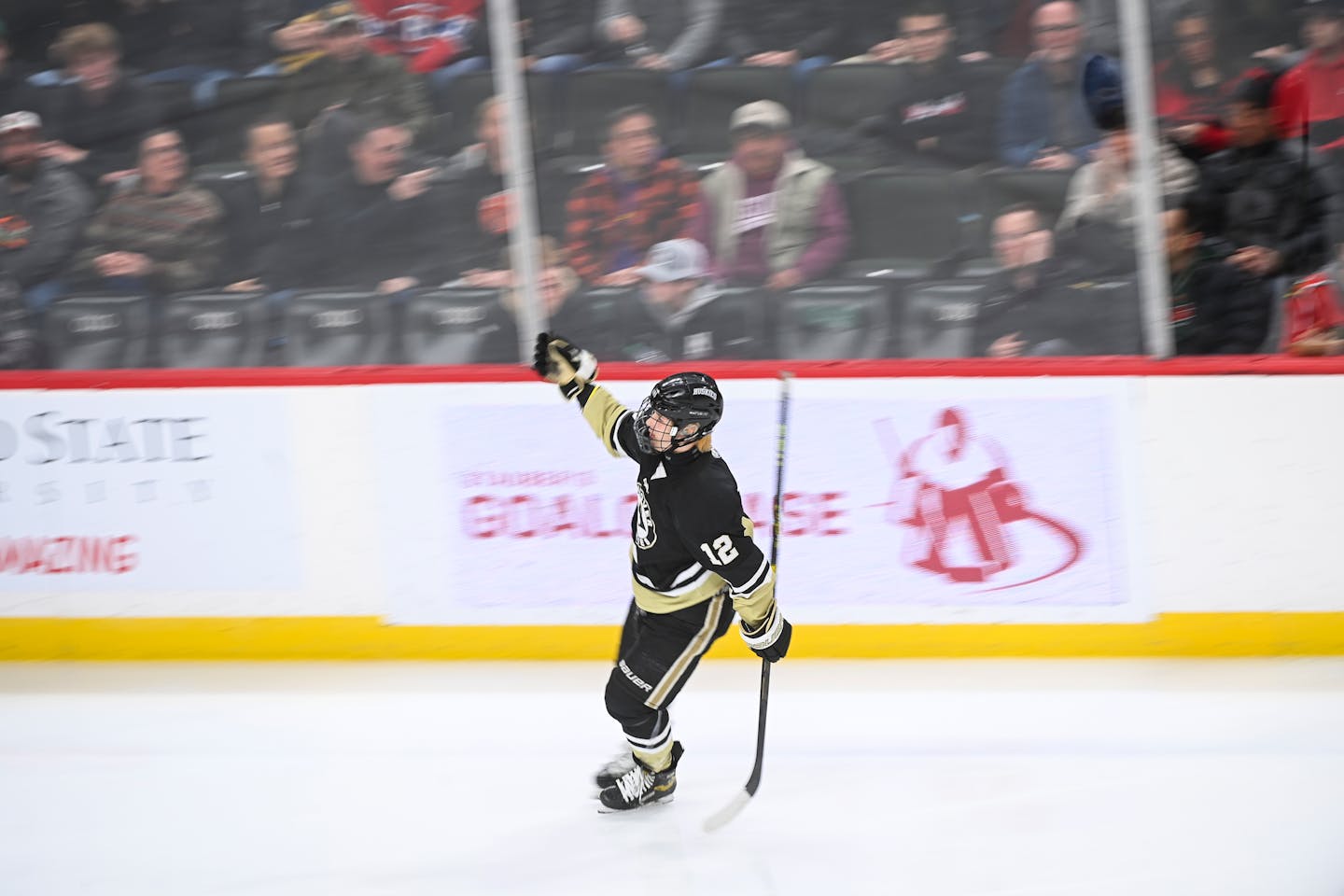 Andover forward Gavyn Thoreson (12) celebrates his goal against Hill-Murray in the first period during a Class 2A State Tournament semifinal game Friday, March 11, 2022 at the Xcel Energy Center in St. Paul, Minn. ] AARON LAVINSKY • aaron.lavinsky@startribune.com