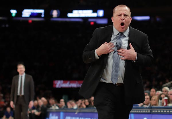 Minnesota Timberwolves head coach Tom Thibodeau protests a call by the referee during the fourth quarter of an NBA basketball game against the New Yor