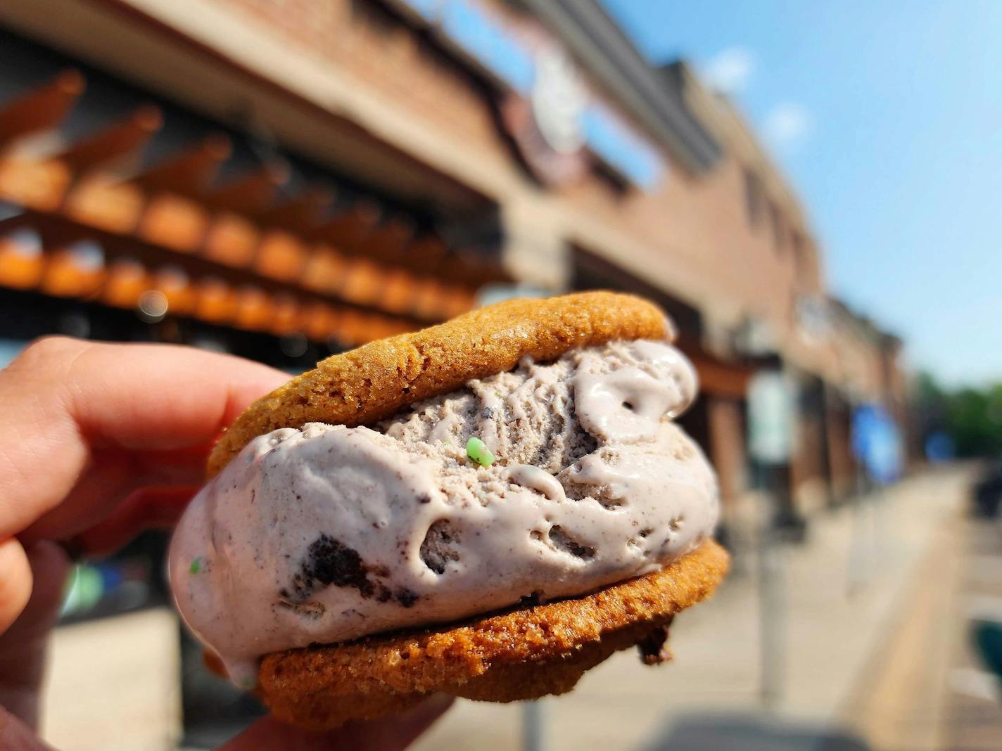 Honey &amp; Mackie's ice cream sandwich made with Grocer's Table cookies