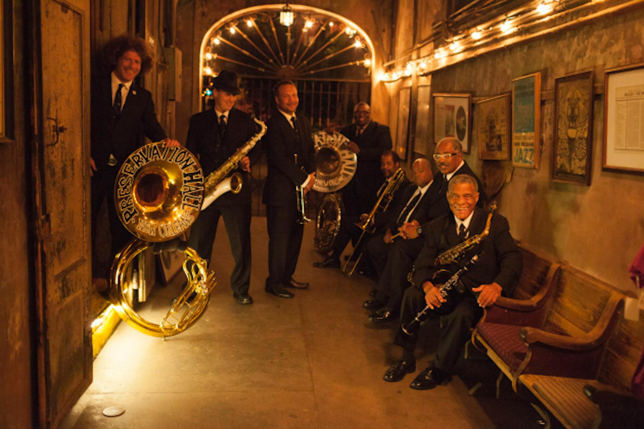 Ben Jaffe, left, and the rest of today's Preservation Hall Jazz Band lineup at their namesake venue in the French Quarter. / Photo by Danny Clinch