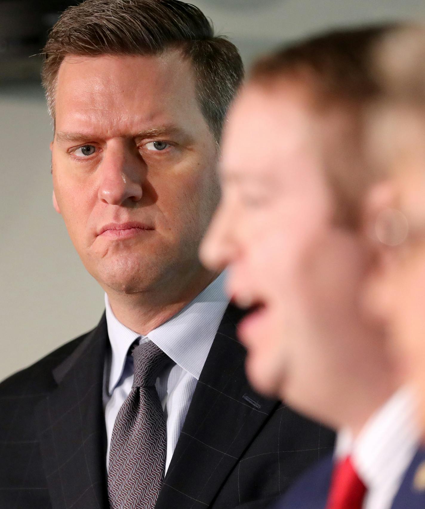 Minnesota House Speaker Kurt Daudt, left, appeared with fellow Republican legislators Rep. Nick Zerwas (R-Elk River), center, and Rep. Kathy Lohmer (R-Stillwater), right, during a press conference in which Lohmer and Zerwas, the authors of two house bills that would add to penalties imposed on protestors who block highways, roads and transit, talked about their bills Wednesday, Feb. 2017, at the State Capitol in St. Paul, MN.] DAVID JOLES &#x2022; david.joles@startribune.com House Speaker Kurt D