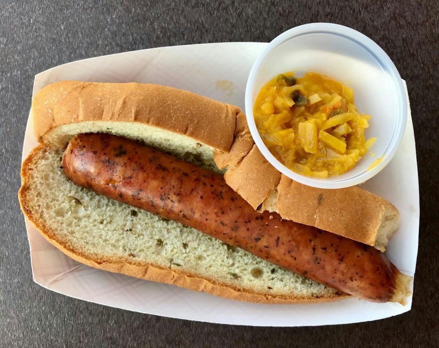 Turducken Sausage Sandwich, Giggles' Campfire Grill, Lee/Cooper, $7. The word "Turducken" was made for carny barkers, right? Snappy casing, and a hearty, peppery nite. Love the fennel bun. Worth trying. Photo by Rick Nelson New food at the Minnesota State Fair 2018