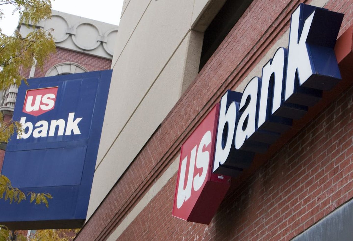 Signs on a US Bank branch in Omaha, Neb.