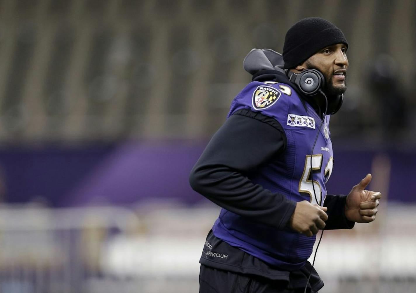 Baltimore Ravens linebacker Ray Lewis jogs during an NFL Super Bowl XLVII walkthrough on Saturday, Feb. 2, 2013, in the Mercedes-Benz Superdome in New Orleans. The Ravens face the San Francisco 49ers in Super Bowl XLVII on Sunday.