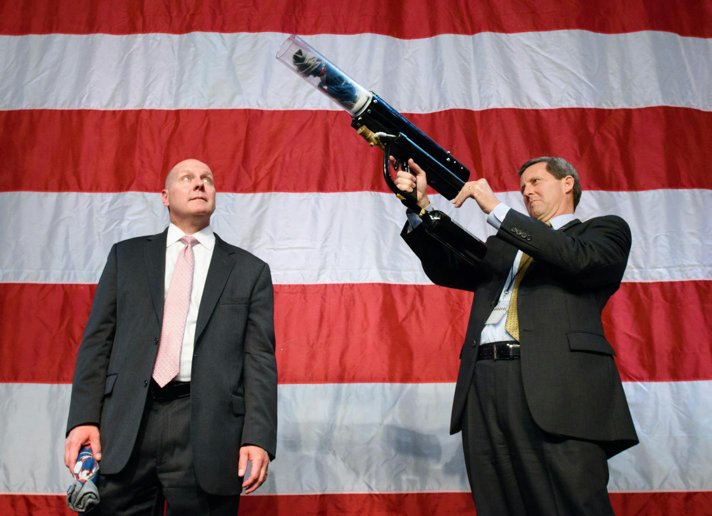 Convention Chairman Senator Dave Thompson and GOP State Chair Keith Downey fired tee shirts into the crowd at the Duluth GOP convention. ] GLEN STUBBE * gstubbe@startribune.com Saturday, May 21, 2016 DULUTH -- GOP activists gathered at the state Republican convention convene on Saturday to finalize the slate of national delegates headed to Cleveland in July for the national convention. It could bring a clash between pro- and anti-Trump forces within the Republican tent.