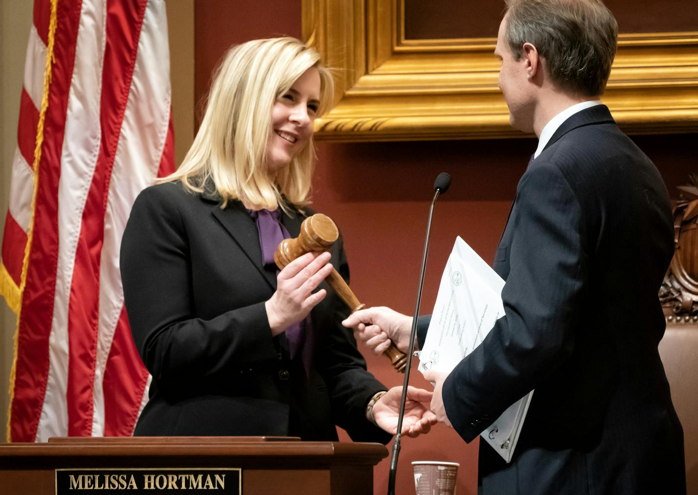 Melissa Hortman accepted the speaker's gavel from Secretary of State Steve Simon after she was sworn in as House Speaker. ] GLEN STUBBE &#x2022; glen.stubbe@startribune.com Tuesday, January 8, 2019 It's the first day of the 91st Minnesota legislative session.