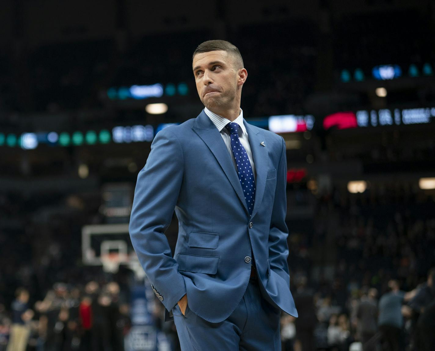 Minnesota Timberwolves head coach Ryan Saunders before player introductions began prior to the game against the Raptors. ] JEFF WHEELER &#x2022; jeff.wheeler@startribune.com The Minnesota Timberwolves faced the Toronto Raptors in their final NBA game of the season Tuesday night, April 9, 2019 at Target Center in Minneapolis.