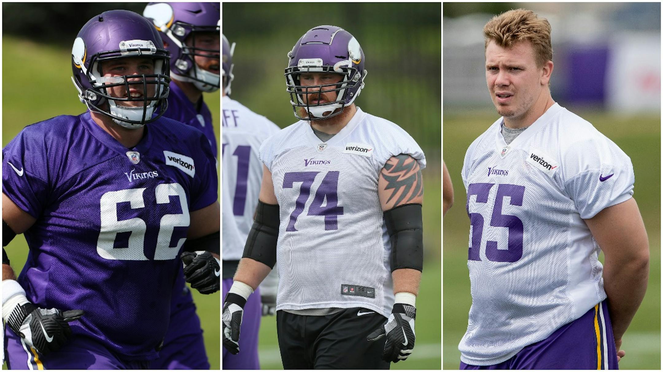 (Left to right) Vikings offensive linemen Nick Easton, Mike Remmers and Pat Elflein are all injured entering Saturday's preseason lid-lifter.