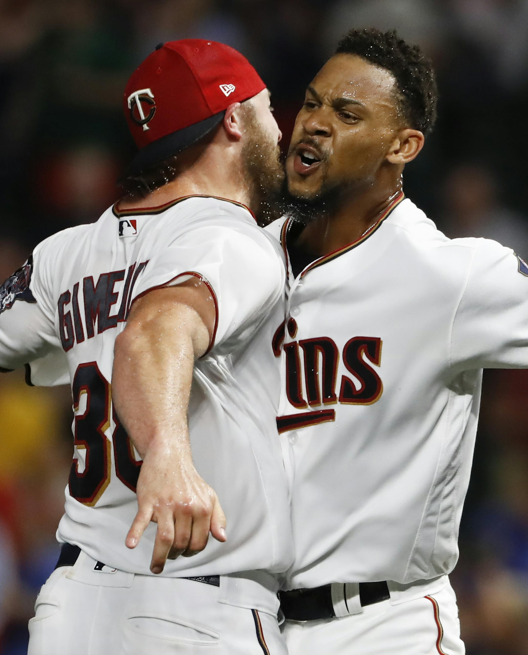 Minnesota Twins center fielder Byron Buxton (25) celebrated his bottom of the tenth inning home run to win the game 3-2 with Minnesota Twins catcher Chris Gimenez (38). ] RENEE JONES SCHNEIDER • renee.jones@startribune.com The Minnesota Twins played the Toronto Blue Jays on Thursday, September 14, 2017, at Target Field in Minneapolis, Minn.
