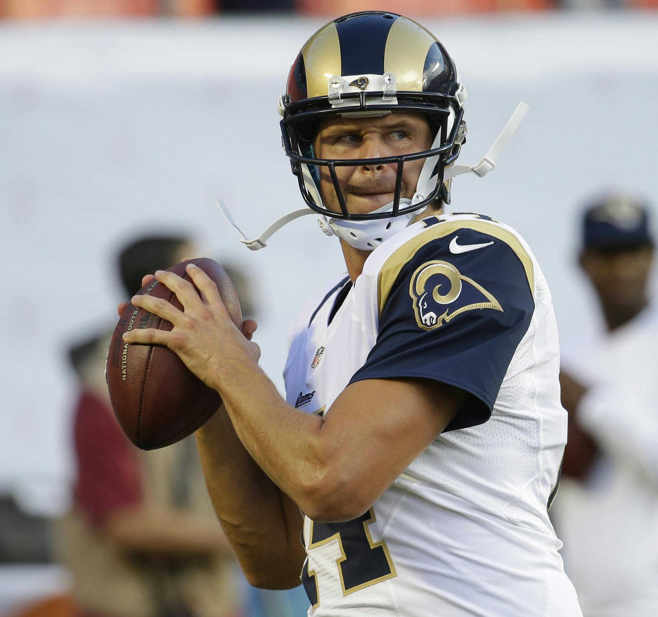 St. Louis Rams quarterback Shaun Hill (14) warms up before an NFL preseason football game against the Miami Dolphins, Thursday, Aug. 28, 2014 in Miami Gardens, Fla. (AP Photo/Lynne Sladky) ORG XMIT: OTK