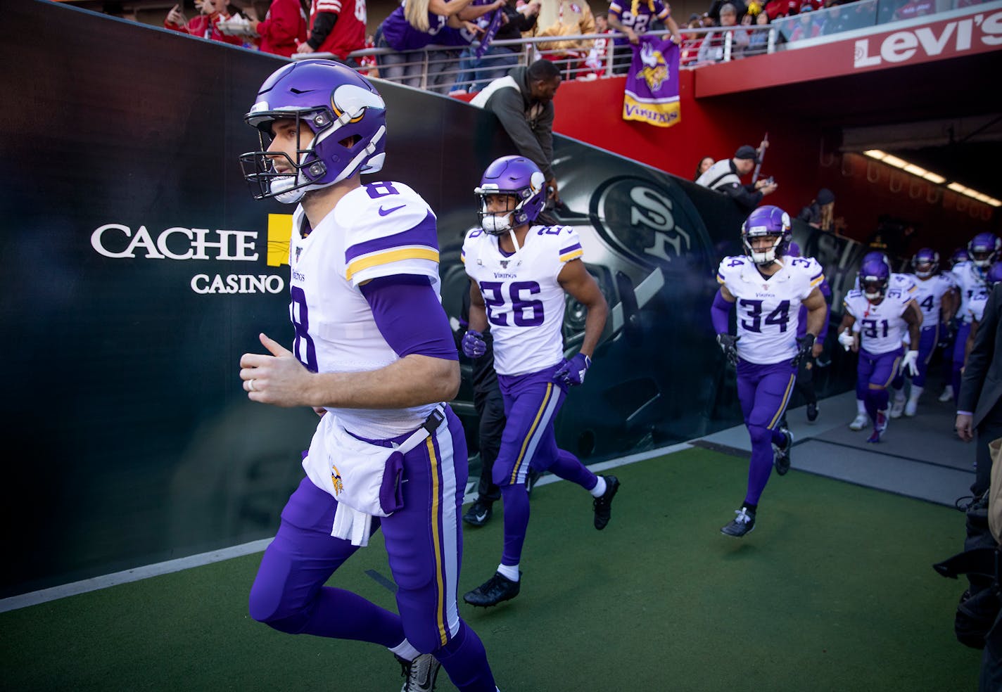 Minnesota Vikings quarterback Kirk Cousins led the team out onto the field before the game. ] ELIZABETH FLORES • liz.flores@startribune.com The Minnesota Vikings take on the San Francisco 49ers in a playoff game at Levi's Stadium, Saturday, January 11, 2020 in Santa Clara, CA.