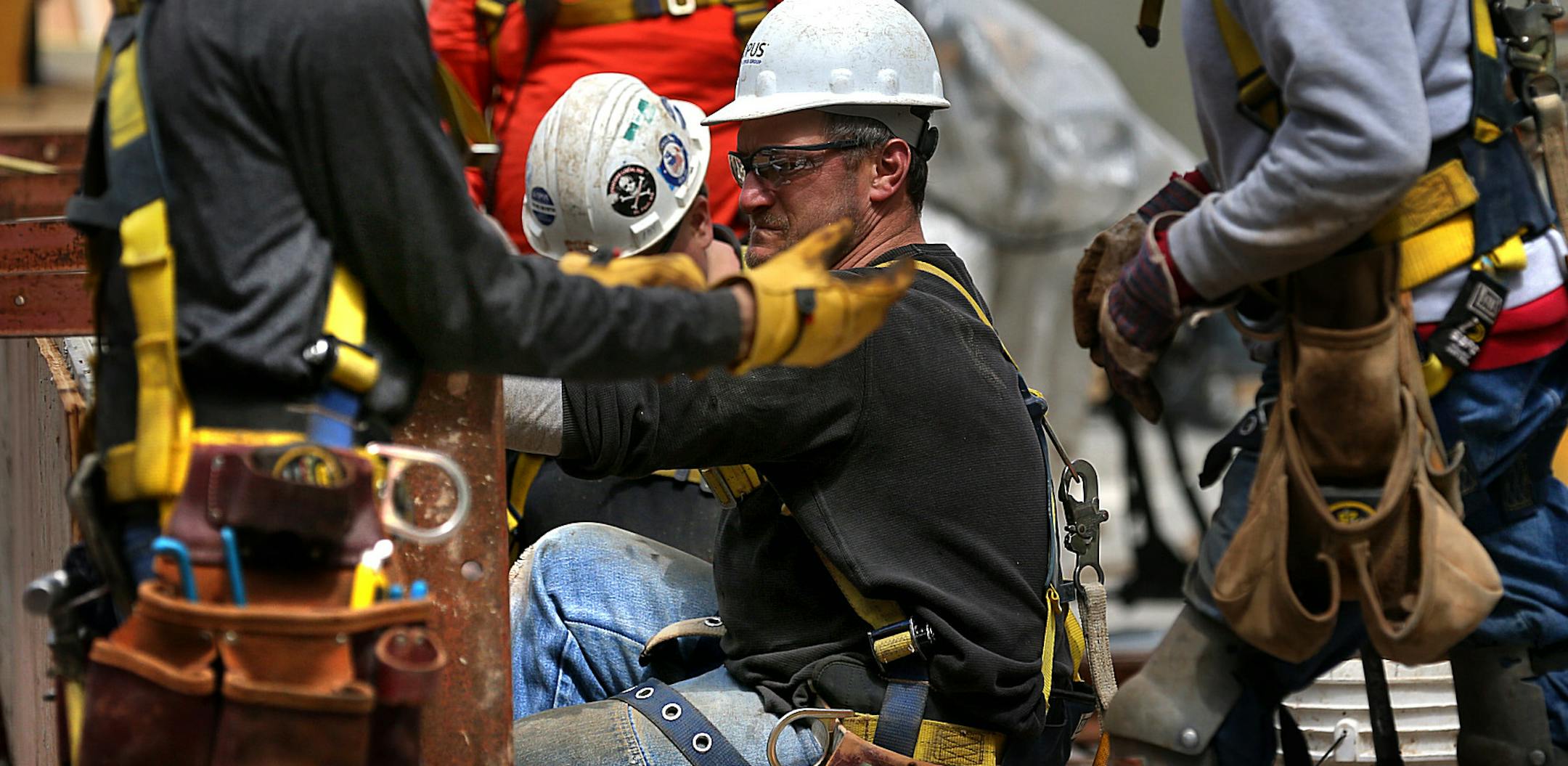 Construction work continues on an apartment building in downtown Minneapolis. Opus is the construction firm coordinating the project. In April, employment in construction grew by 32,000, with job growth in heavy and civil engineering construction (+11,000) and residential building (+7,000). Construction has added 189,000 jobs over the past year, with almost three-fourths of the gain occurring in the past 6 months. ] JIM GEHRZ ‚Ä¢ jgehrz@startribune.com / Burnsville, MN / May 2,