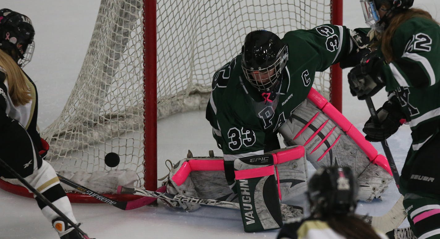 Park goalie Paige Press blocked an East Ridge shot n the third period. ] (KYNDELL HARKNESS/STAR TRIBUNE) kyndell.harkness@startribune.com Park of Cottage Grove vs. East Ridge at Bielenberg Sports Complex in Woodbury Min., Saturday, December 27, 2014.