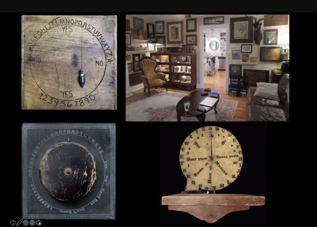 Various Ouija boards on view in 'Supernatural America.' Screenshot from the exhibition press preview.