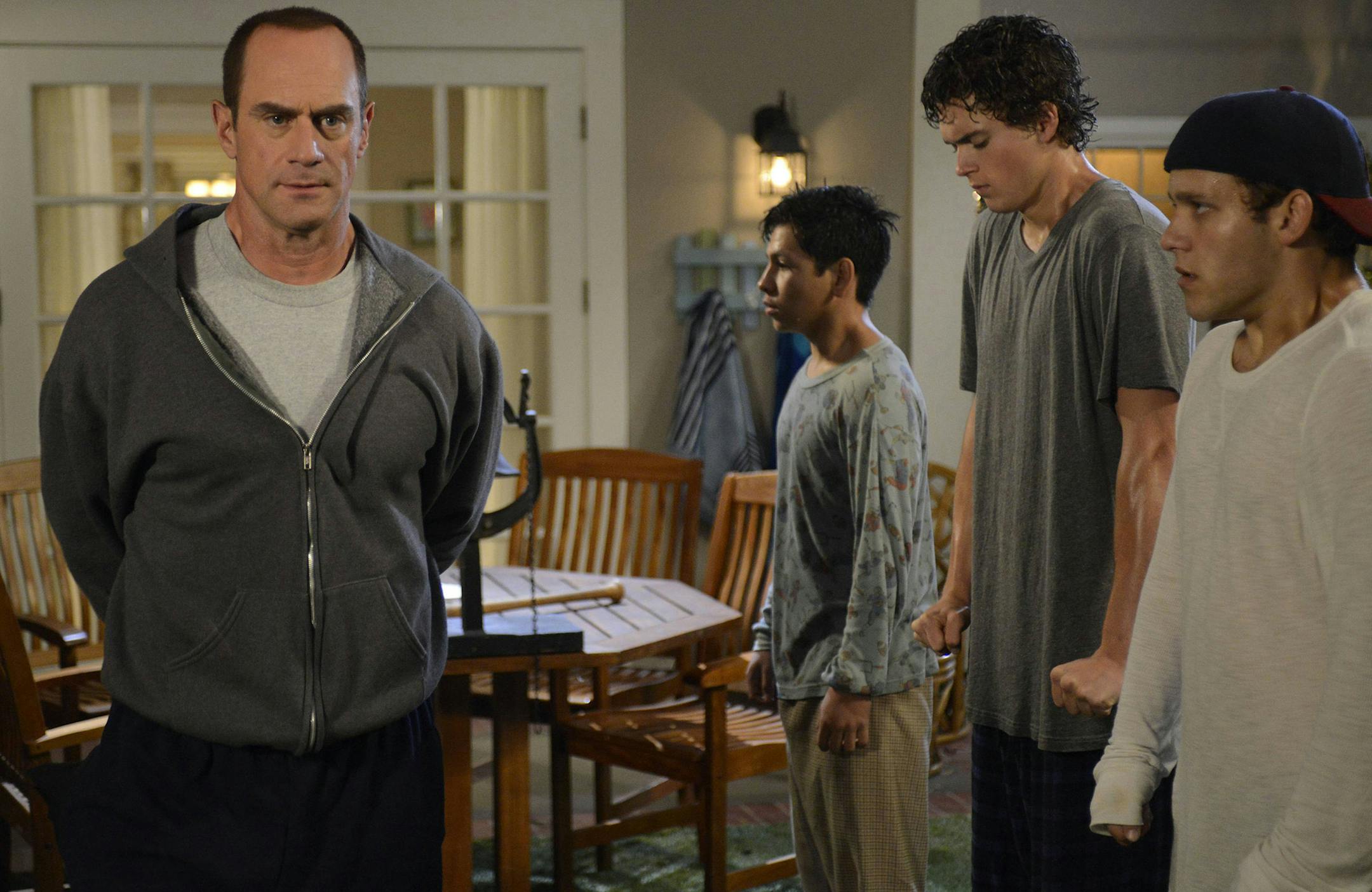 SURVIVING JACK: Frankie (Connor Buckley, third from L), George (Kevin Hernandez, second from L) and Mikey (Tyler Foden, R) ask Jack (Christopher Meloni, L) to coach them for varsity baseball tryouts in the "Gonna Make You Sweat" episode of SURVIVING JACK airing Thursday, April 3 (9:30-10:00 PM ET/PT) on FOX. ©2014 Fox Broadcasting Co. CR: Ros Eisenberg/FOX