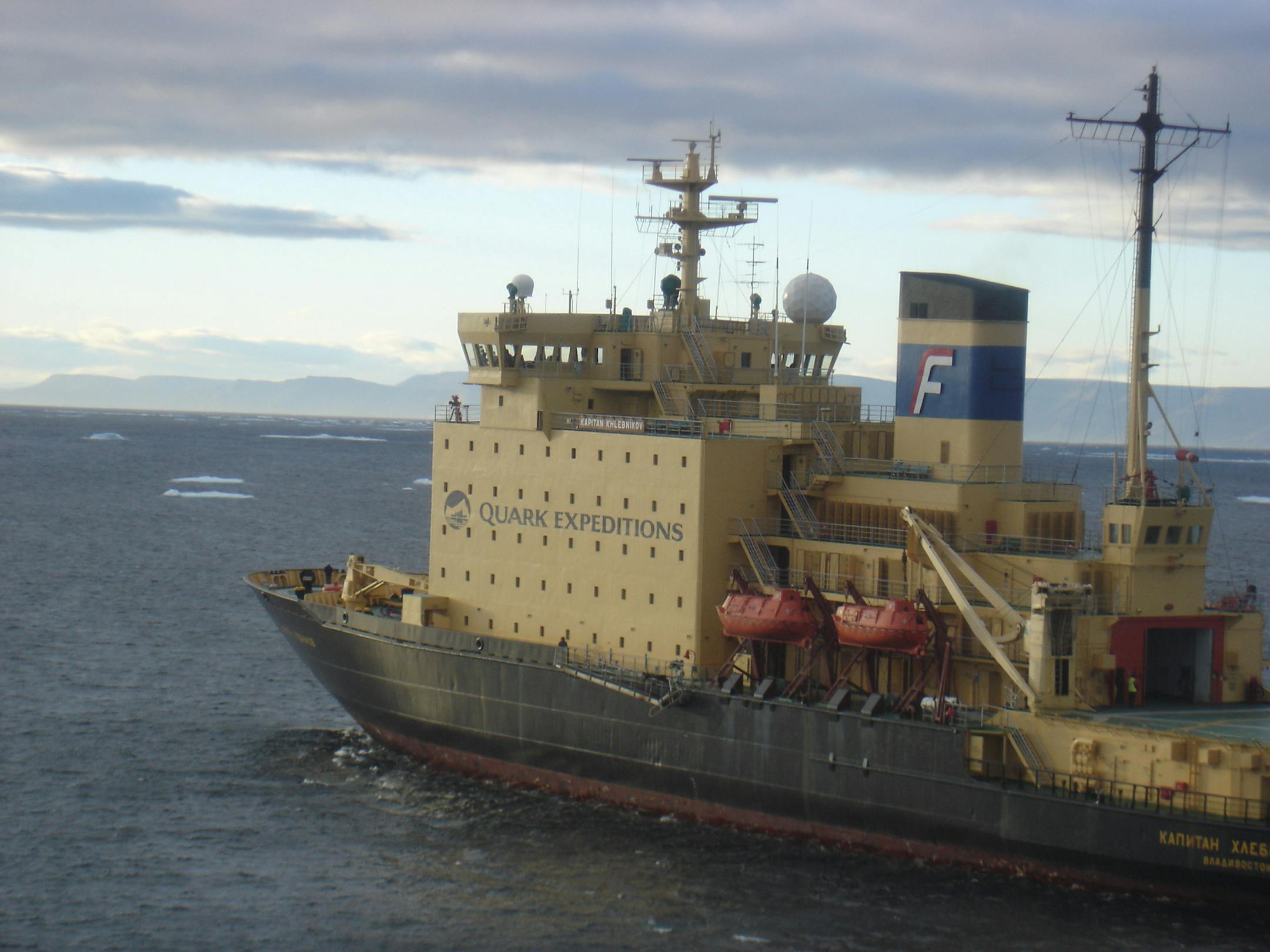 A view of the Russian icebreaker Kapitan Khlebnikov from one of the ship's two helicopters that carry passengers and staff on sightseeing flights.