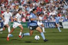 Chicago Red Stars forward Sam Kerr looks to score against the Portland Thorns during the first half of an NWSL playoff semifinal Oct. 20 in Bridgeview