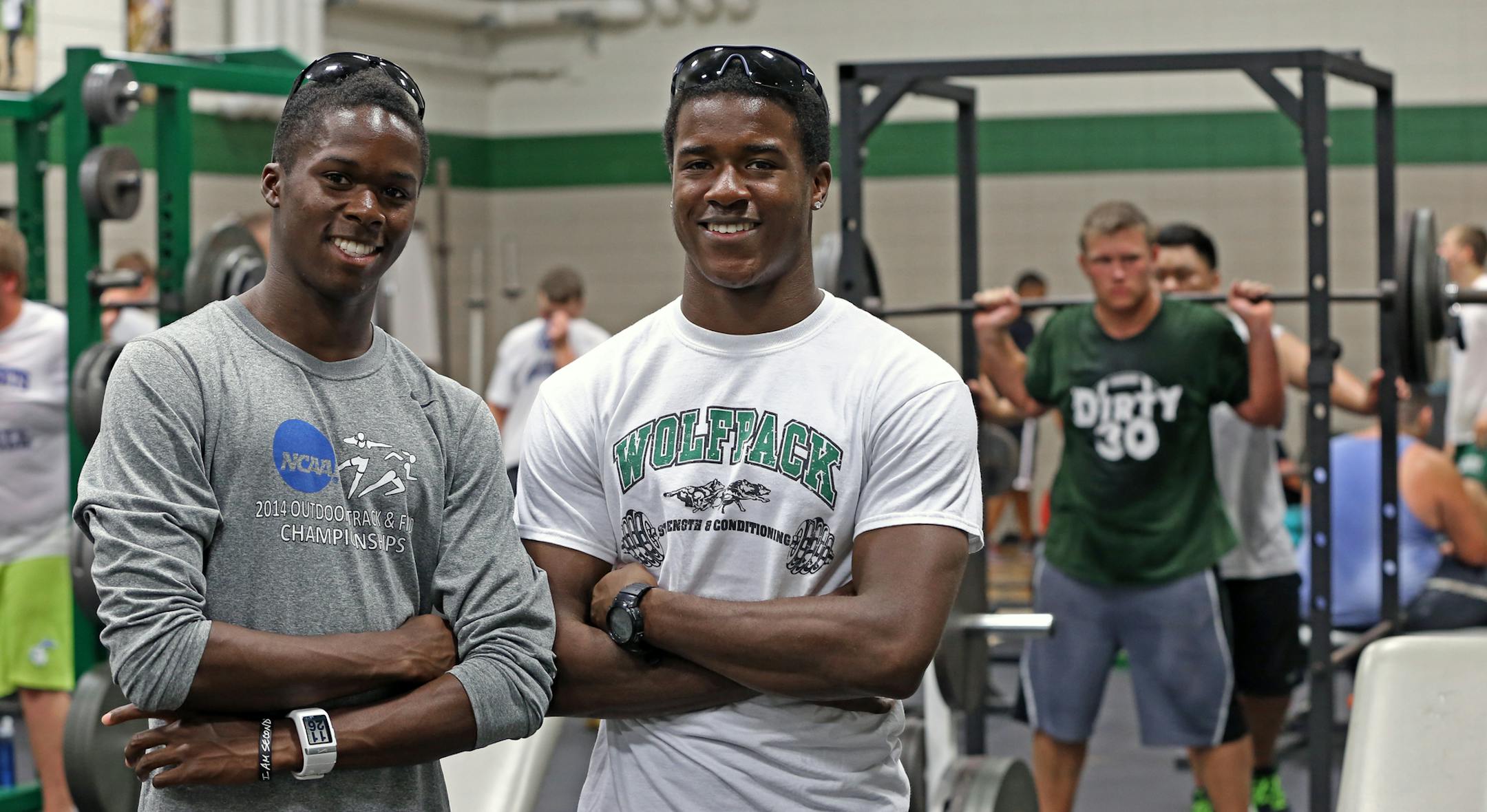 (left to right) Two former top Park athletes RJ Alowonle and D'Monte Farley are helping out with the summer training at Park high school, photographed on 7/8/14.] Bruce Bisping/Star Tribune bbisping@startribune.com D'Monte Farley, RJ Alowonle/source.