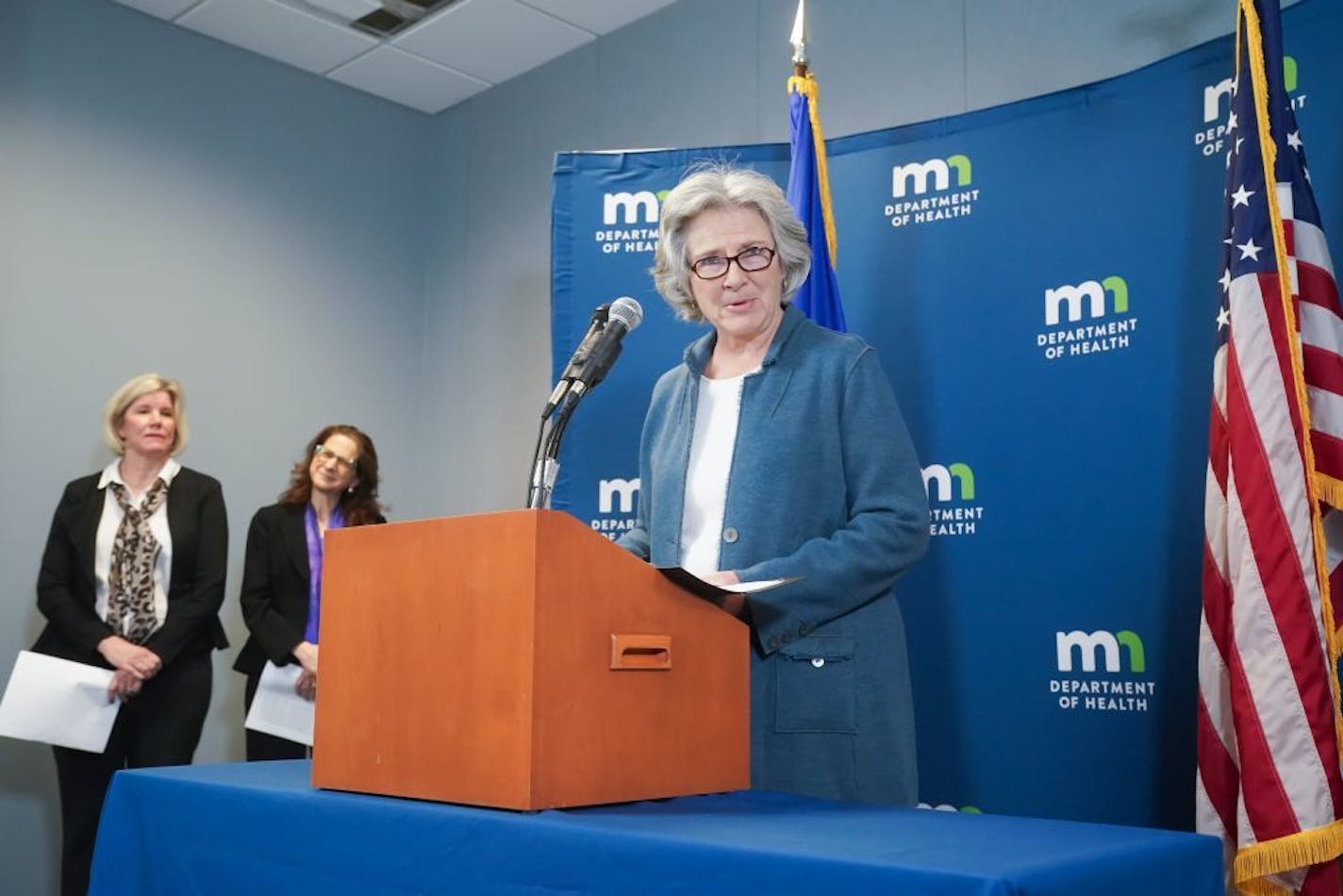 Infectious disease director Kris Ehresmann and state epidemiologist Dr. Ruth Lynfield listen as Minnesota Health Commissioner Jan Malcolm speaks at a briefing to outline how the state is preparing for the 2019 coronavirus and how MDH and the public health community would respond if a case were to be identified in Minnesota.