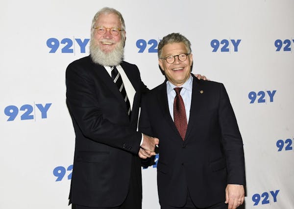 Sen. Al Franken, D-Minn., right, and former talk show host David Letterman arrive for their conversation at 92Y on Tuesday, May 30, 2017, in New York.