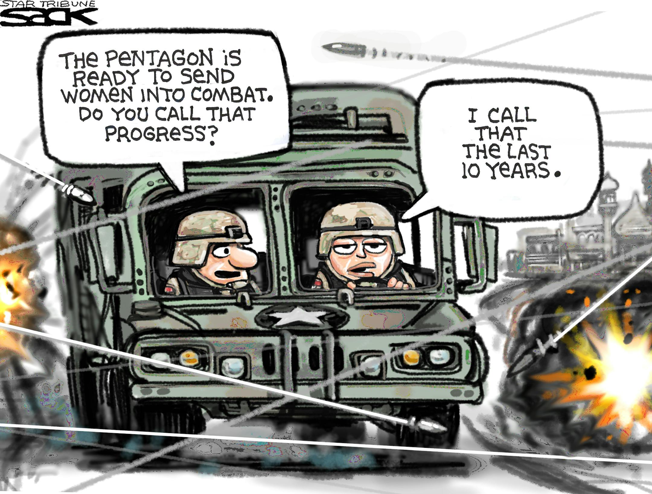 Steve Sack cartoon for Jan. 25, 2013. Topic: Pentagon lifts ban on women in combat.