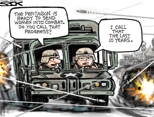 Steve Sack cartoon for Jan. 25, 2013. Topic: Pentagon lifts ban on women in combat.