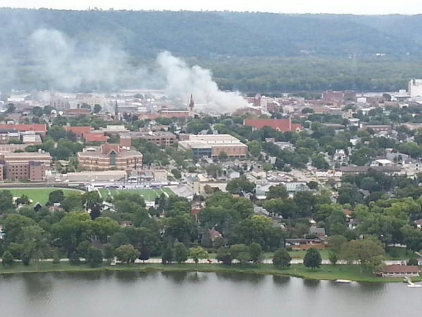 A view from Garvin Heights of the burning KidSport building in downtown Winona. Photo Lorri Klajda, Winona Daily News.